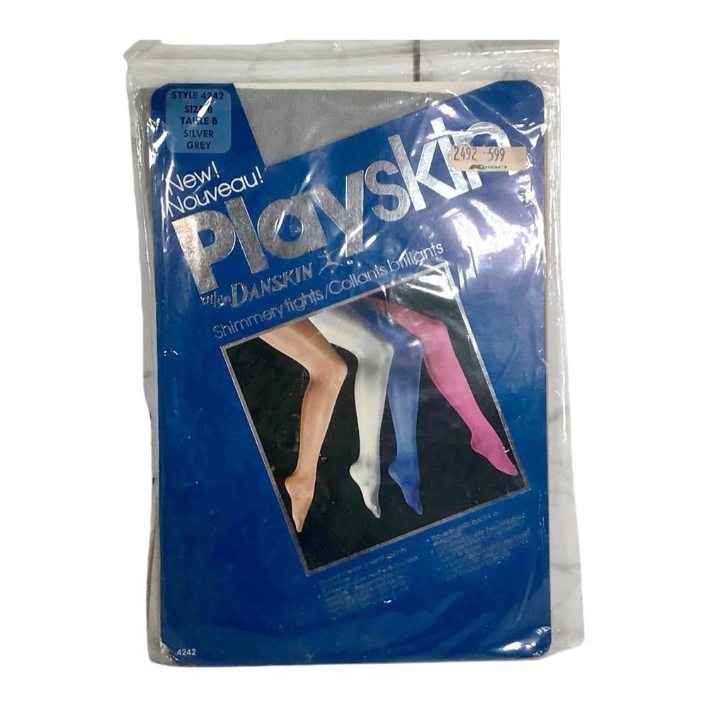 🔴 3/$15! Vintage 80s Playskin by Danskin Shimmering Tights Silver Grey Sz B *NIP